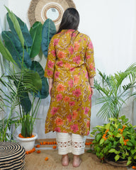 Mustard Pink floral Jaal kurta