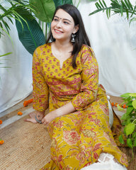 Mustard Sanganeri yoke kurta