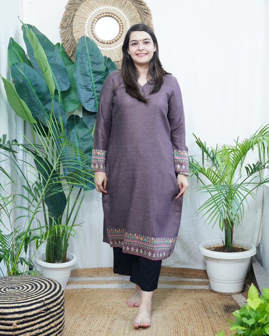 Soft brown border woollen kurta