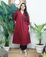 Maroon A-line Gather style Kurta with pocket