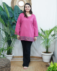 Pink Kullu border woollen short kurti