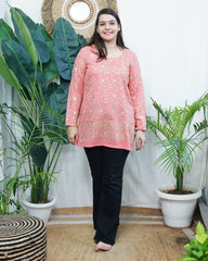 Peach kanni embroidered WOOLLEN short kurti