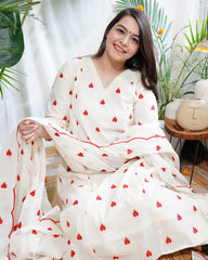 Cream Heart Mulmul Kurta duppata set