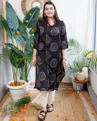 Black geometric modal silk kurta
