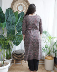 Charcoal Geometric Print Yoke Kurta