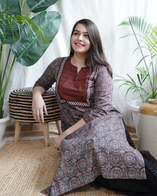 Charcoal Geometric Print Yoke Kurta
