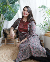 Charcoal Geometric Print Yoke Kurta