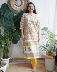 Handblock lacework kurta (MUSTARD)