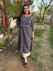 Dark Blue Yoke A-line Kurta by MySanksritam