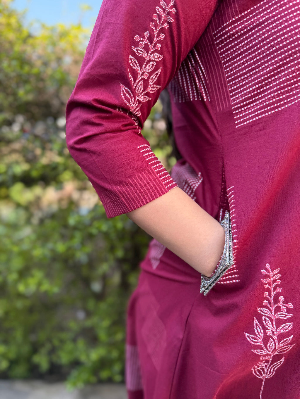 Dark Pink Geometric Collar Aline Kurta pocket by MySanskritam