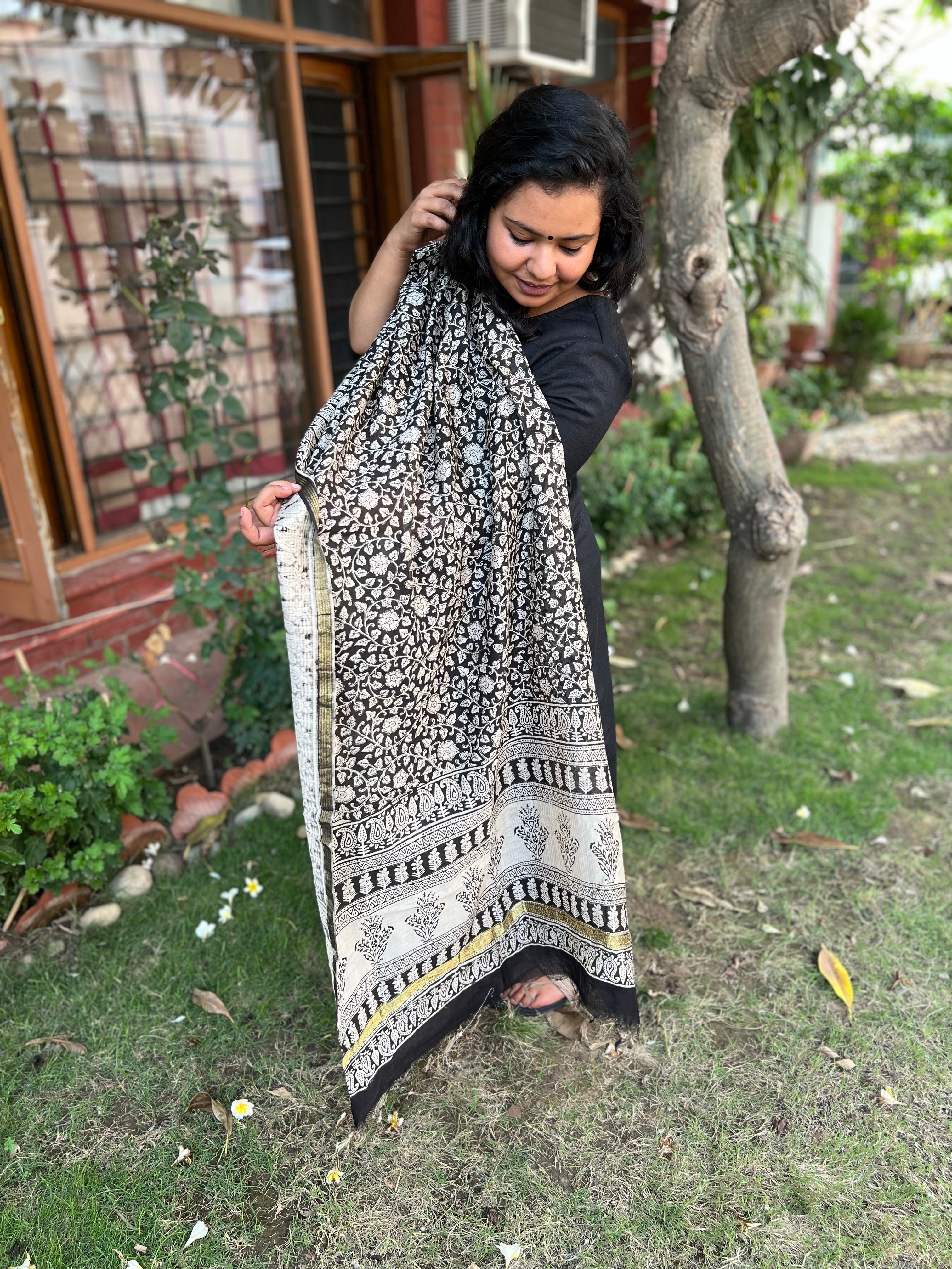 Black embroidered Khadi silk kurta only - MYSANSKRITAM