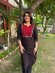 Black kantha ajrakh yoke kurta