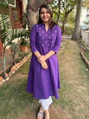 Purple embroidered yoke A-line kurta with pockets