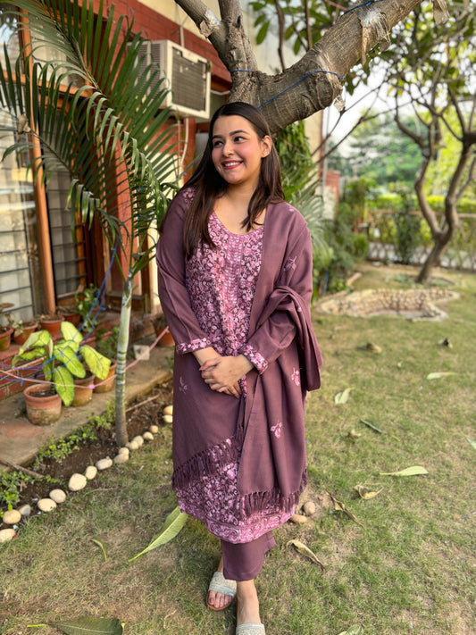 Purple embroidered Woollen full suit set