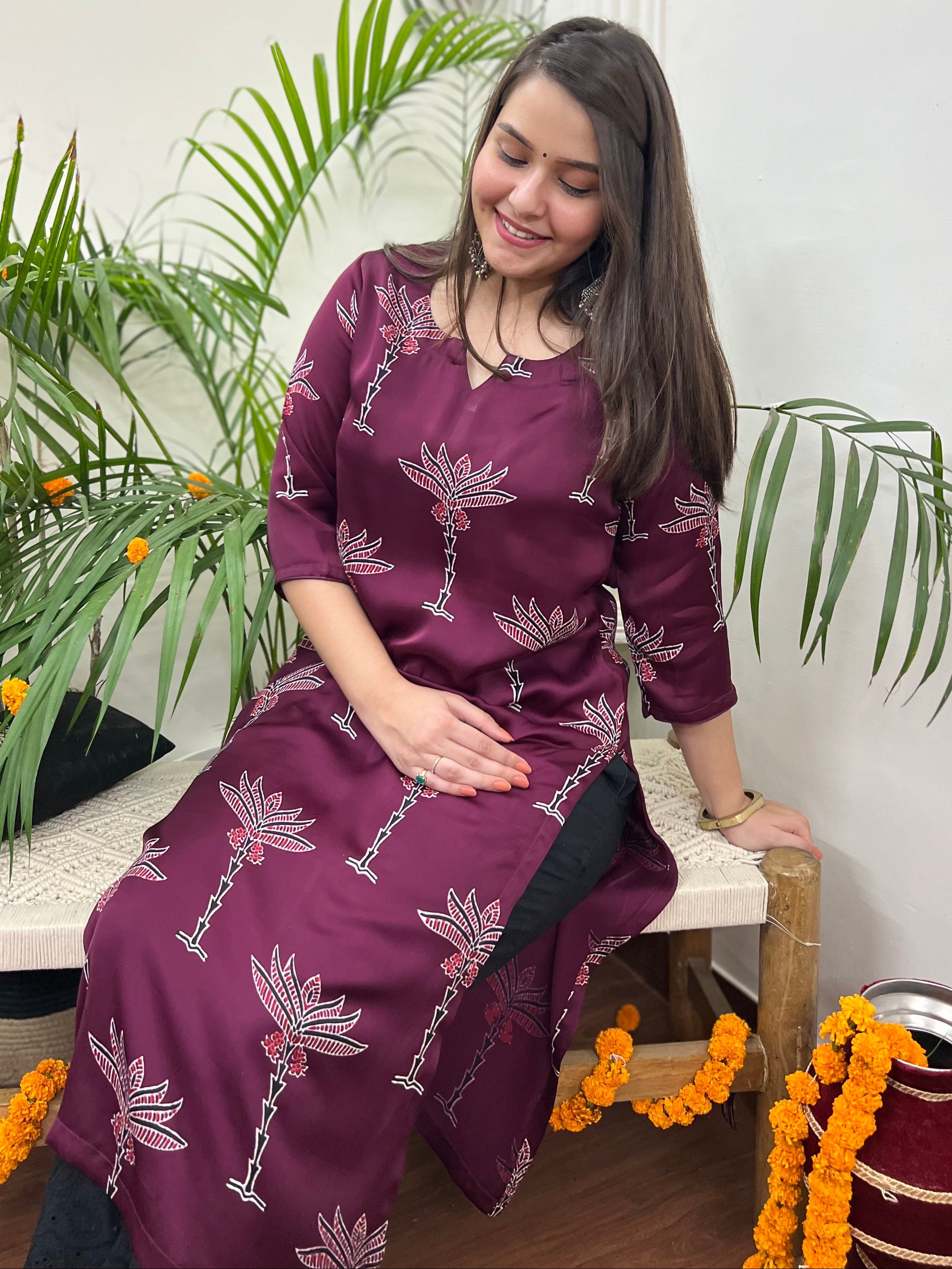 Premium Modal Wine Tree long kurta - MYSANSKRITAM