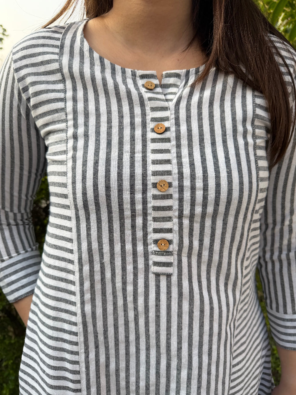 Grey Lines South Cotton A-line Kurta close up by MySanskritam