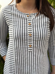 Grey Lines South Cotton A-line Kurta close up by MySanskritam