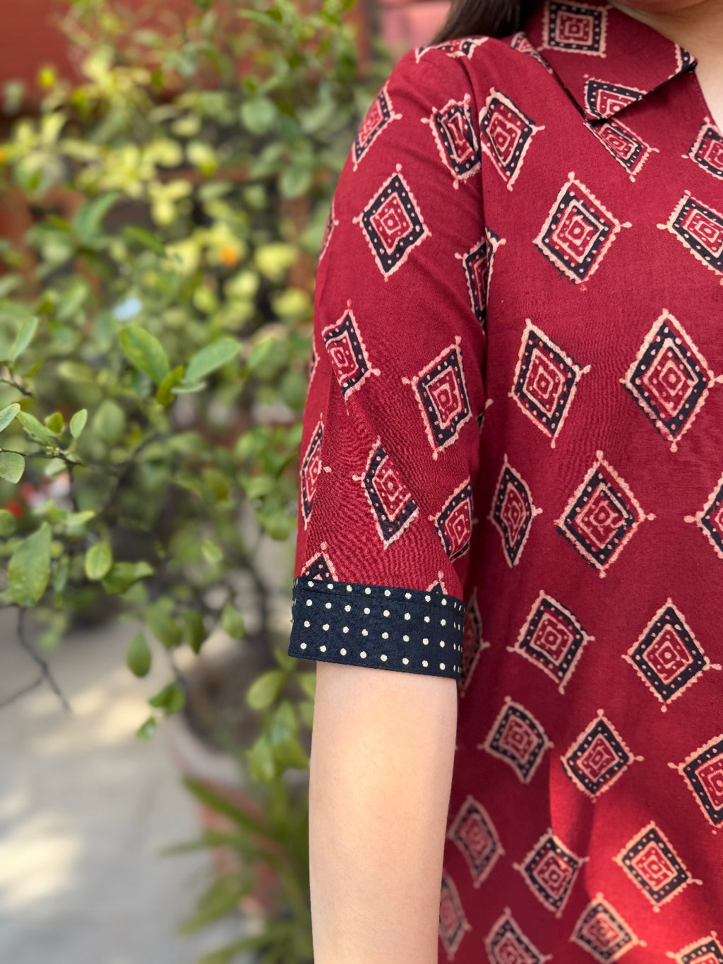 Maroon Ajrakh Barfi Top Sleeve by Sanskritam