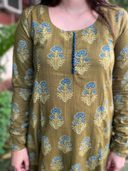 Mehendi green Ajrakh print A-Line Kurta with chudi sleeve - MYSANSKRITAM