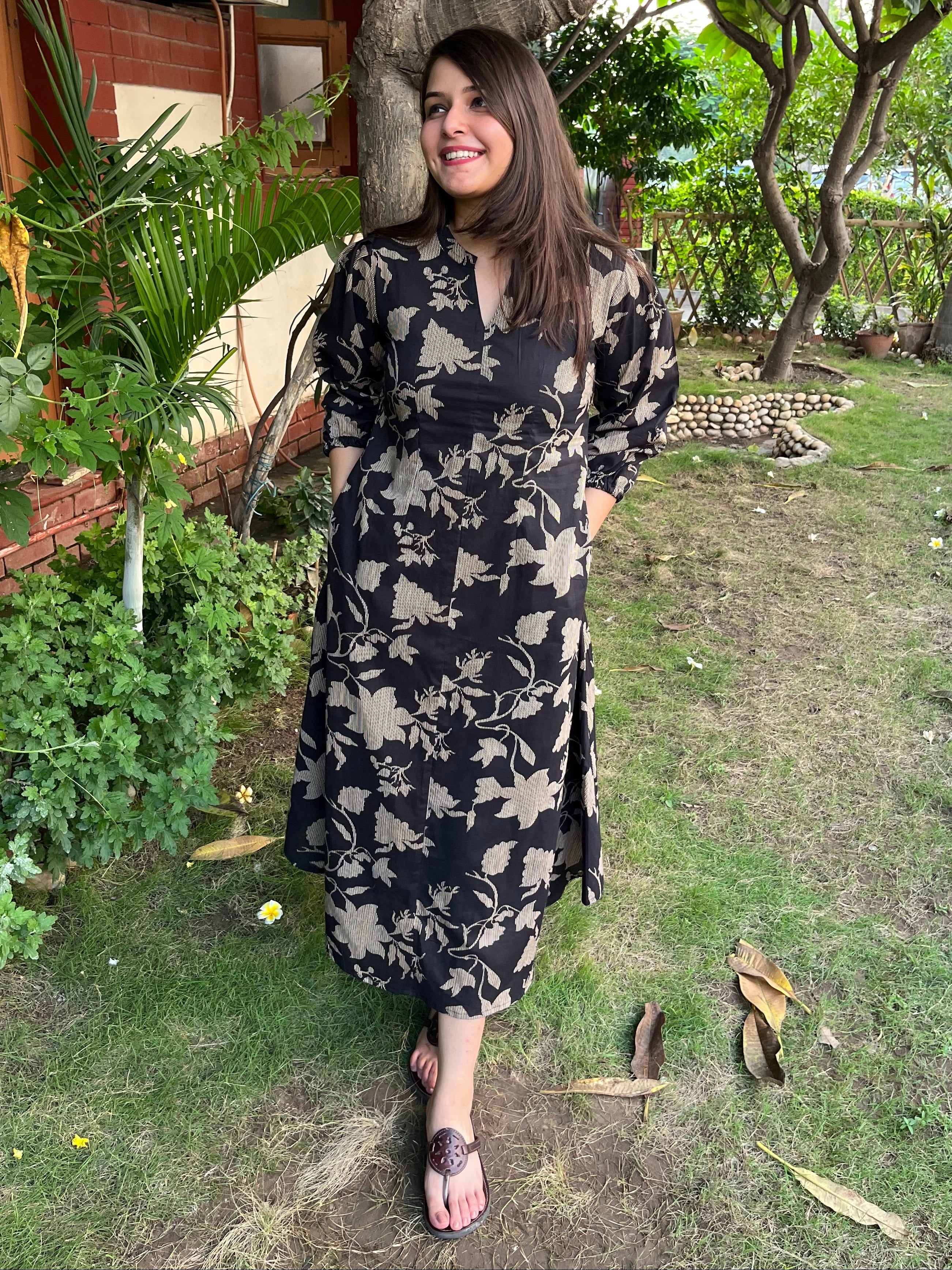 Black Floral dress with pockets - MYSANSKRITAM