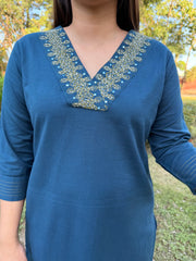 Peacock Blue V-Neck Embroidered Kurta