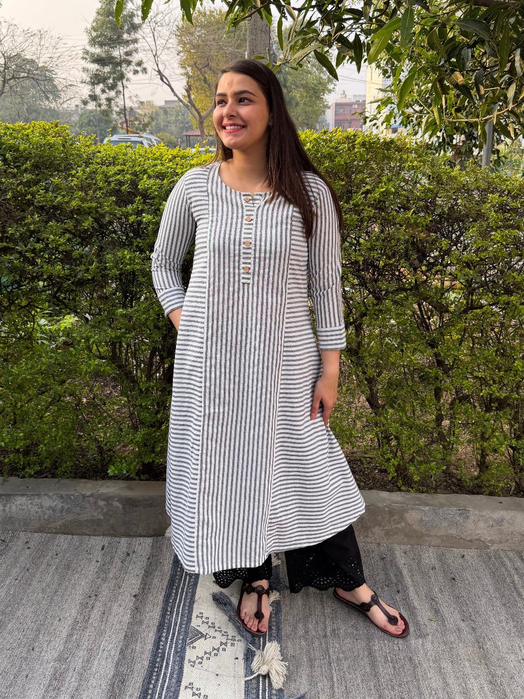 Grey Lines South Cotton A-line Kurta by MySanskritam