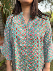 Sea green small flower button shirt