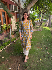 Mustard floral jaal yoke Kurta