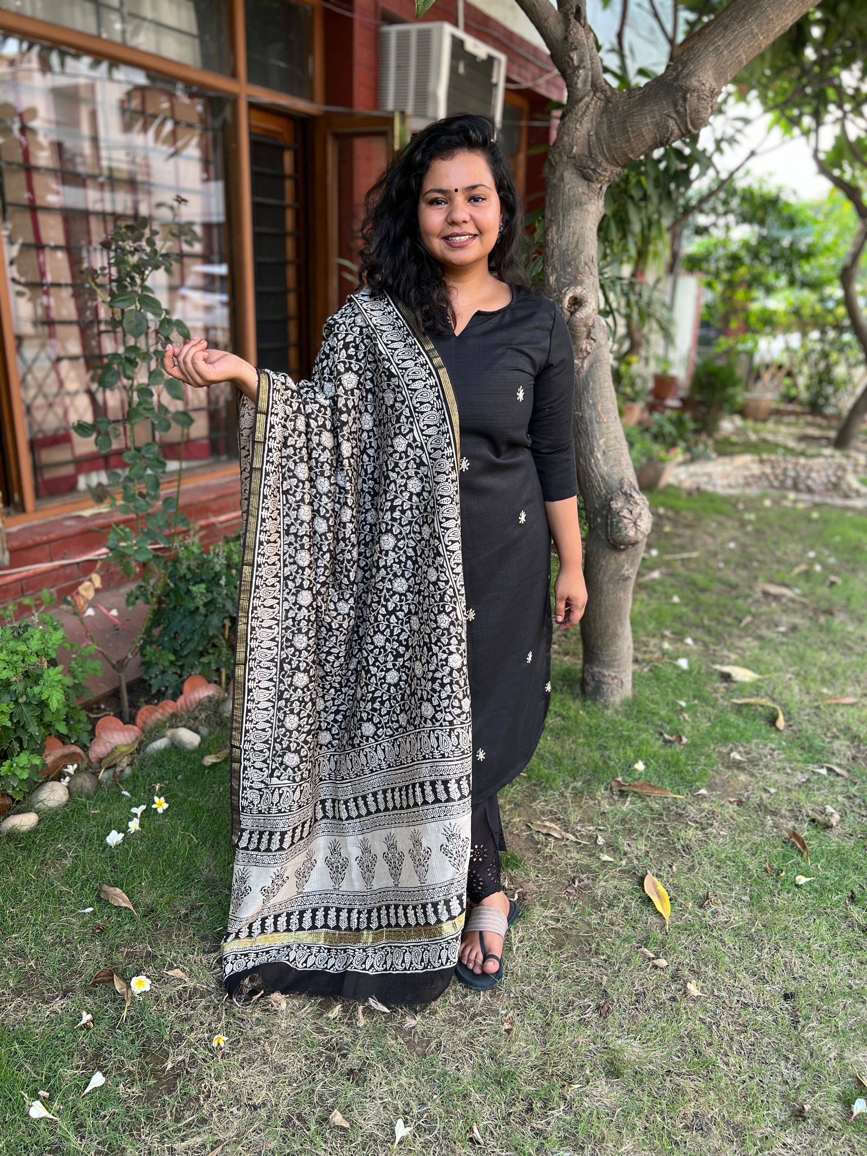 Black embroidered Khadi silk kurta only - MYSANSKRITAM