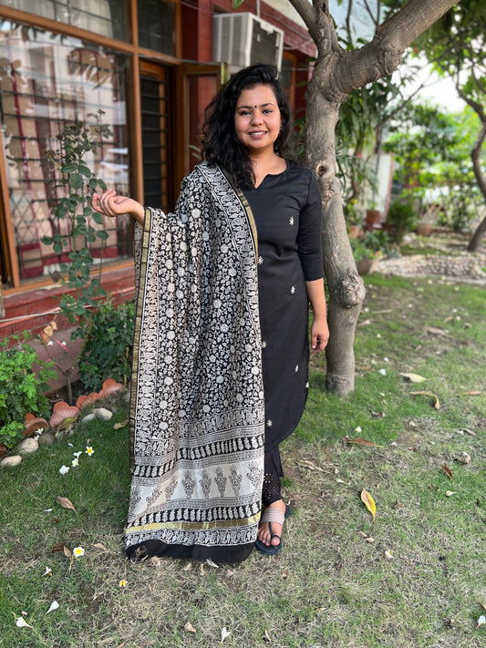 Black embroidered Khadi silk kurta only - MYSANSKRITAM
