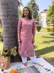 Pink floral embroidered linen kurta