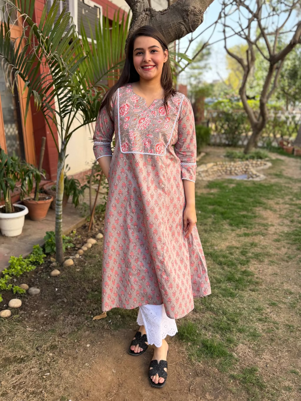 Grey Floral Yoke A-line Kurta by Sanksritam