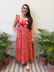 Red Floral Bow-Strap Gather Dress