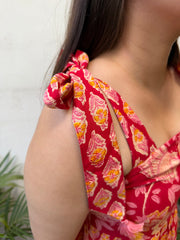 Red Floral Bow-Strap Gather Dress