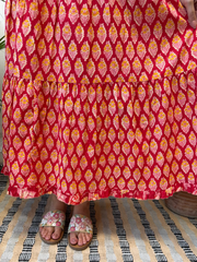 Red Floral Bow-Strap Gather Dress