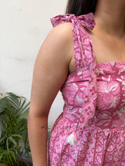 Pink Floral Bow-Strap Gather Dress