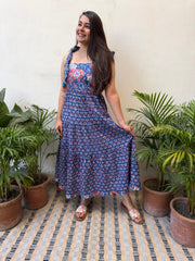 Navy Blue Floral Bow-Strap Gather Dress