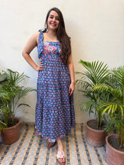 Navy Blue Floral Bow-Strap Gather Dress