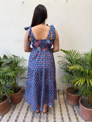 Navy Blue Floral Bow-Strap Gather Dress