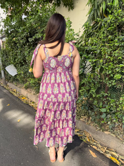 Onion Pink Floral Bow-Strap Gather Dress