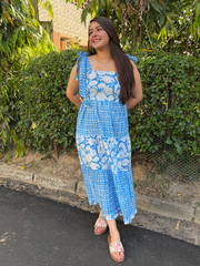 Blue Bow-Strap Gather Dress