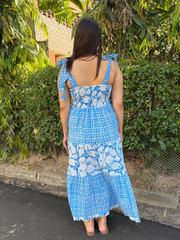 Blue Bow-Strap Gather Dress