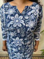 Blue white handblock floral kali kurta