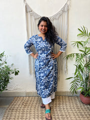 Blue white handblock floral kali kurta