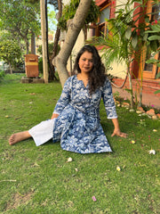 Blue white handblock floral kali kurta