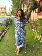 Blue white handblock floral kali kurta