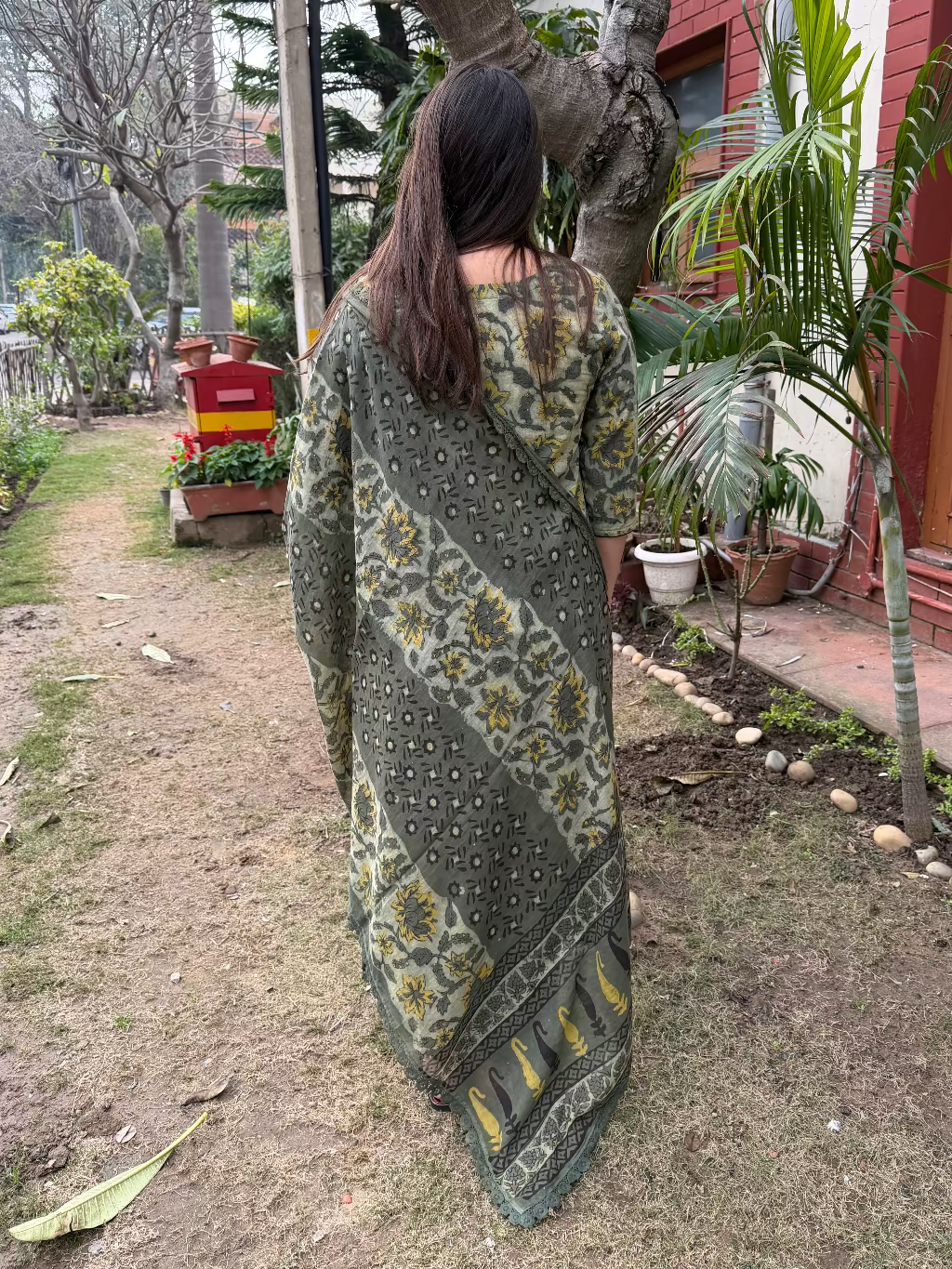 Leaf Green Bagru Full Suit Set from the back by MySanskritam