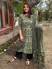 Leaf Green Bagru Full Suit Set by MySanskritam