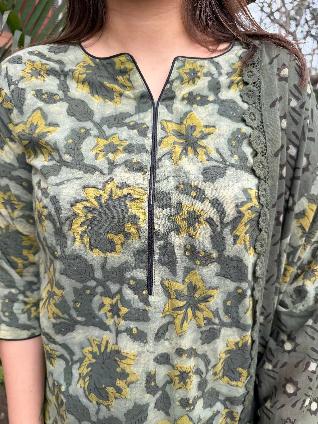 Leaf Green Bagru Full Suit Set detailing by MySanskritam