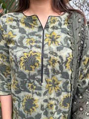 Leaf Green Bagru Full Suit Set detailing by MySanskritam